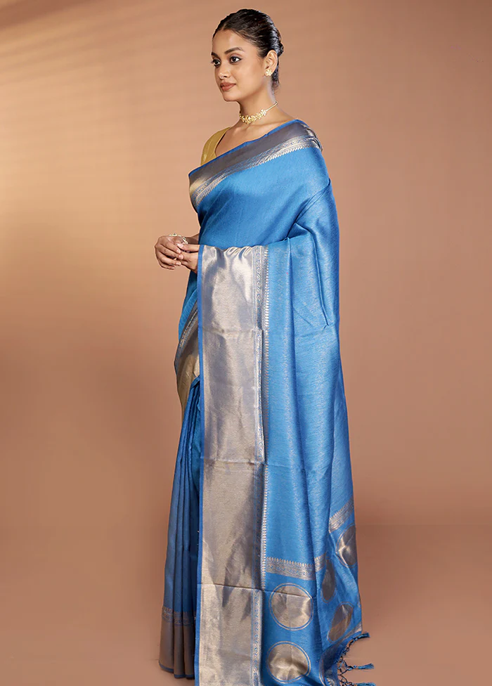 Blue Dupion Silk Saree With Blouse Piece - Image 4