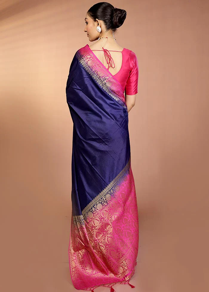 Blue Dupion Silk Saree With Blouse Piece - Image 3