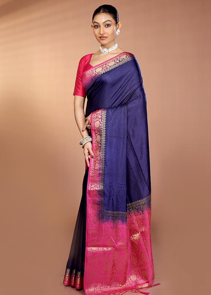 Blue Dupion Silk Saree With Blouse Piece - Image 4