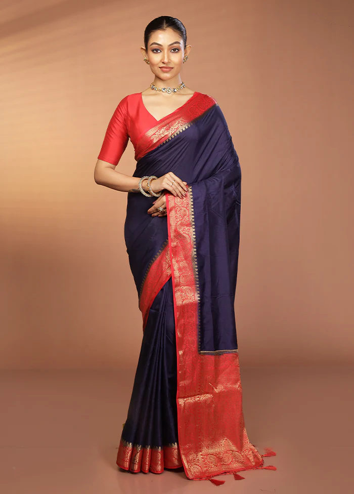 Blue Dupion Silk Saree With Blouse Piece - Image 2