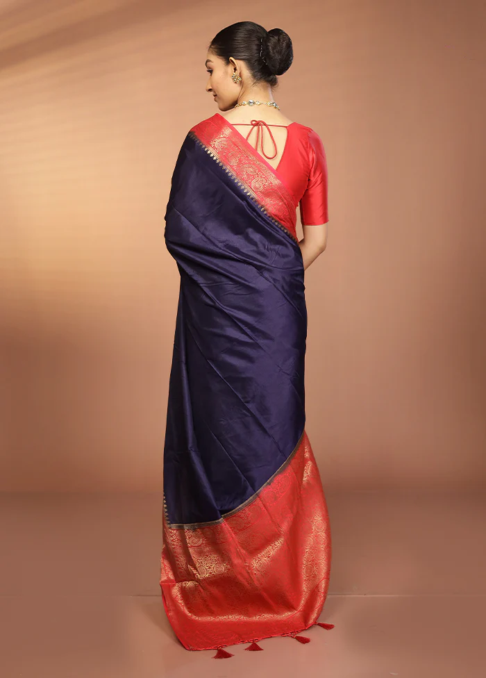 Blue Dupion Silk Saree With Blouse Piece - Image 3