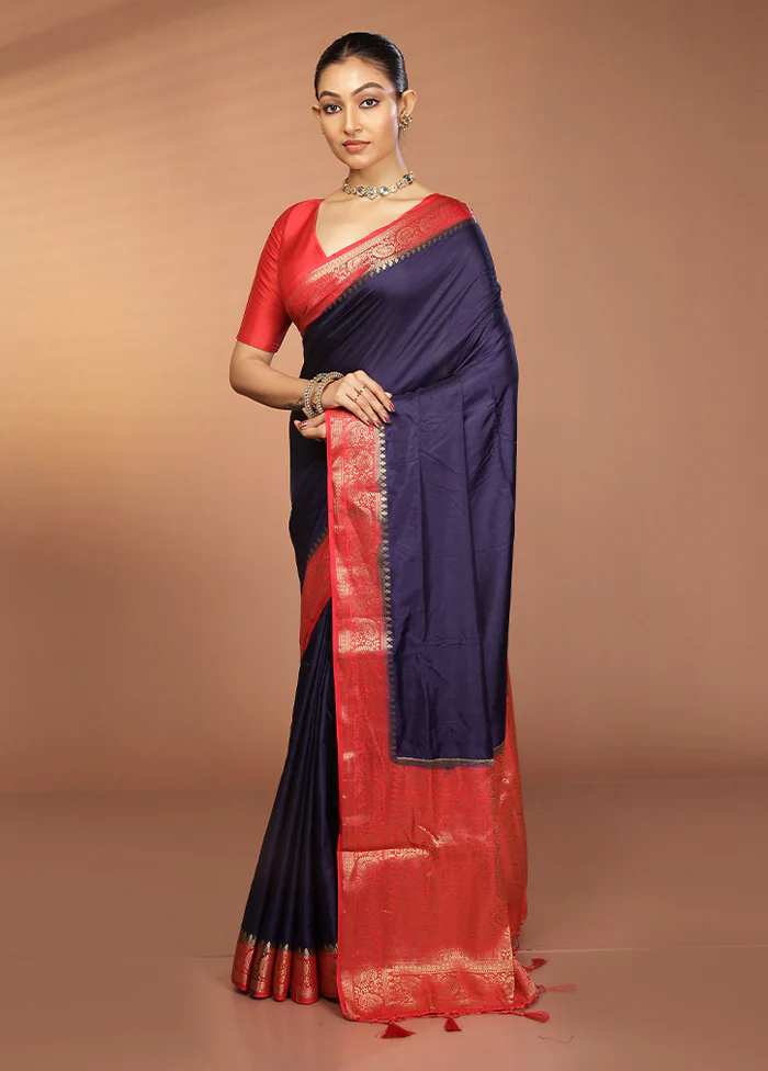 Blue Dupion Silk Saree With Blouse Piece - Image 4
