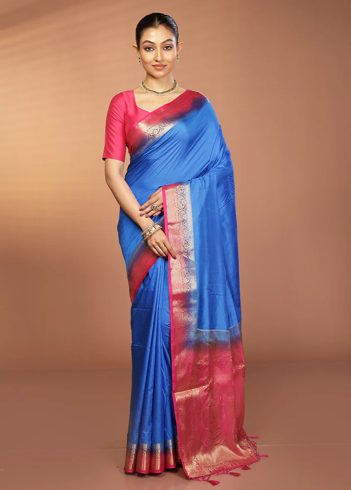Blue Dupion Silk Saree With Blouse Piece - Image 2