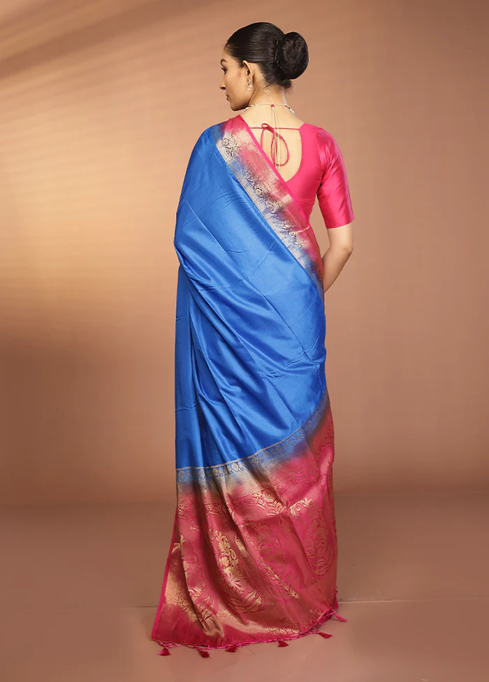 Blue Dupion Silk Saree With Blouse Piece - Image 3
