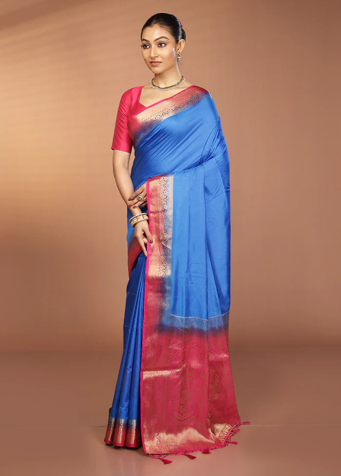 Blue Dupion Silk Saree With Blouse Piece - Image 4