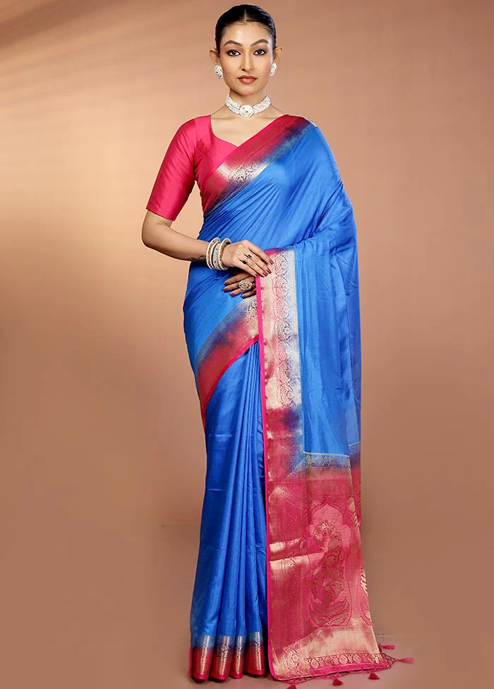 Blue Dupion Silk Saree With Blouse Piece - Image 2