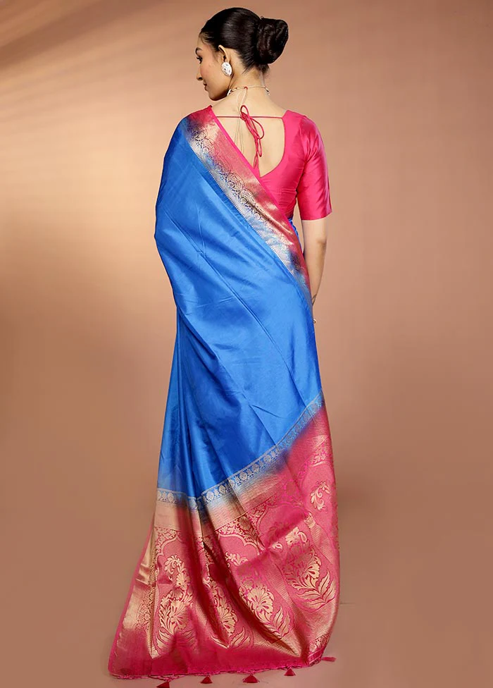 Blue Dupion Silk Saree With Blouse Piece - Image 3