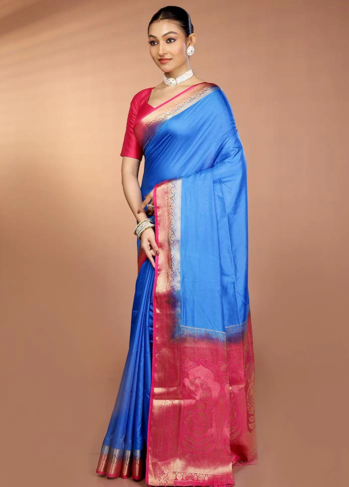 Blue Dupion Silk Saree With Blouse Piece - Image 4