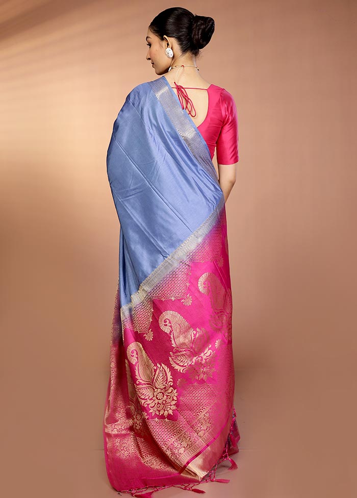 Blue Dupion Silk Saree With Blouse Piece - Image 3