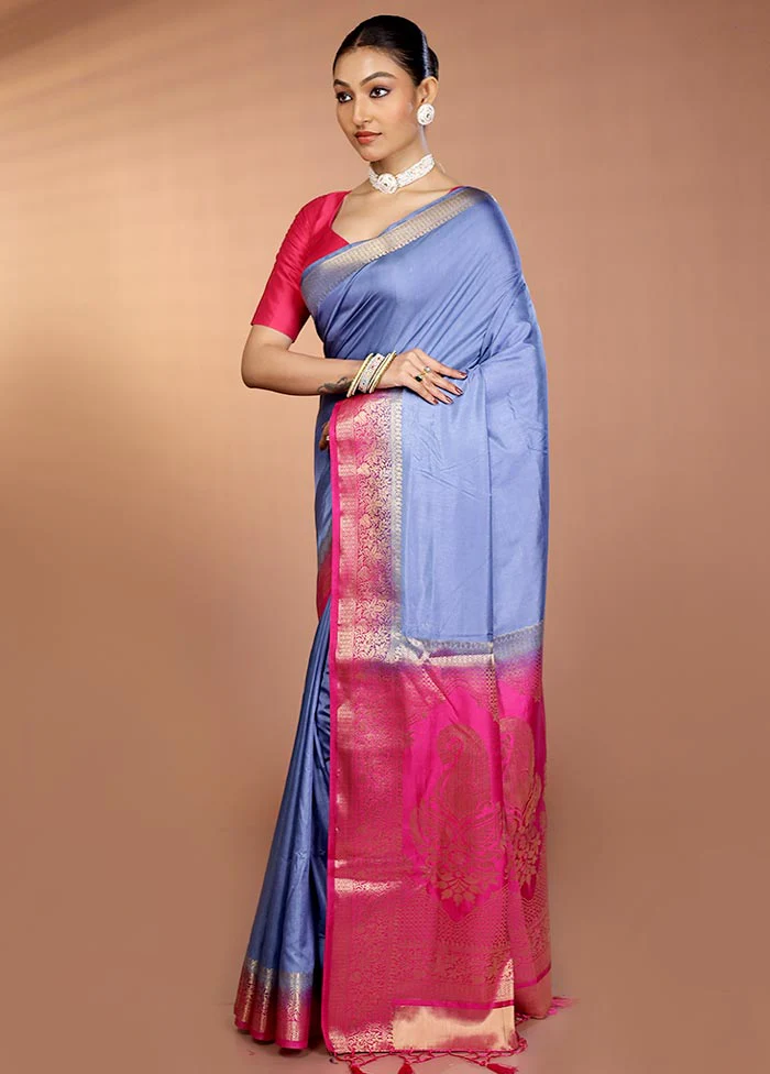 Blue Dupion Silk Saree With Blouse Piece - Image 4