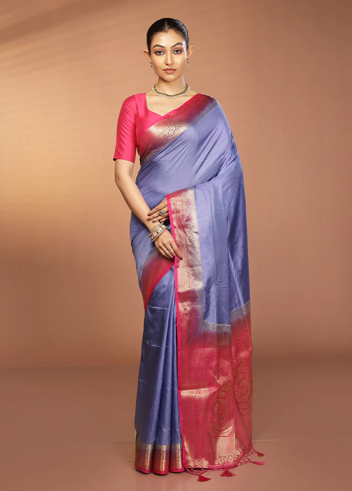 Blue Dupion Silk Saree With Blouse Piece - Image 2