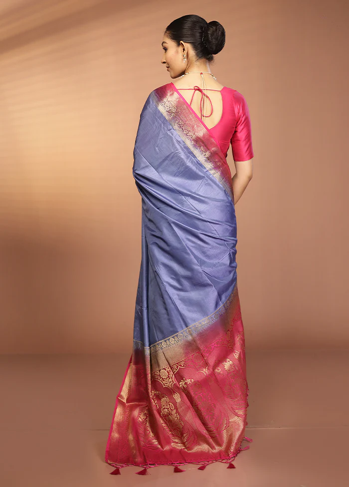 Blue Dupion Silk Saree With Blouse Piece - Image 3