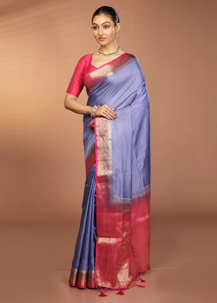 Blue Dupion Silk Saree With Blouse Piece - Image 4