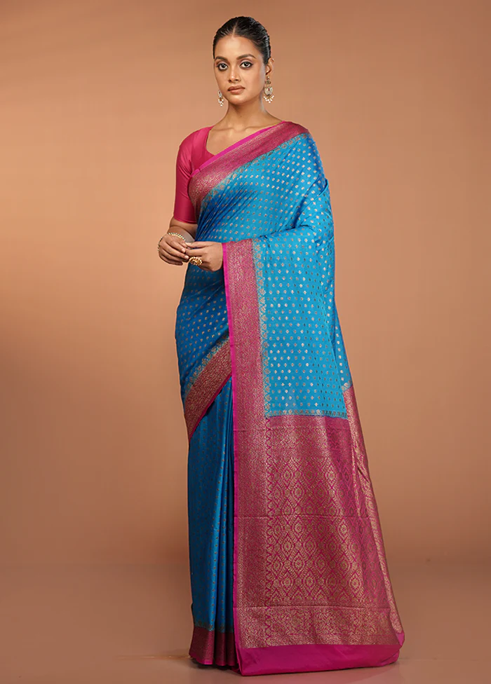 Blue Dupion Silk Saree With Blouse Piece - Image 2