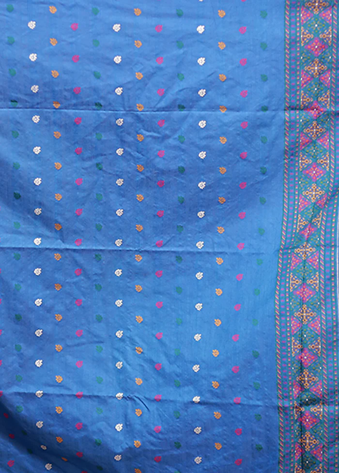 Blue Dupion Silk Saree With Blouse Piece - Image 5