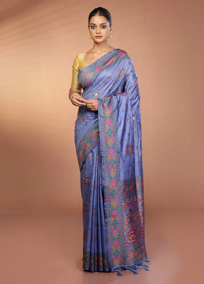 Blue Dupion Silk Saree With Blouse Piece - Image 2