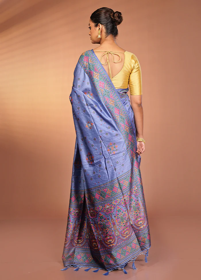 Blue Dupion Silk Saree With Blouse Piece - Image 3