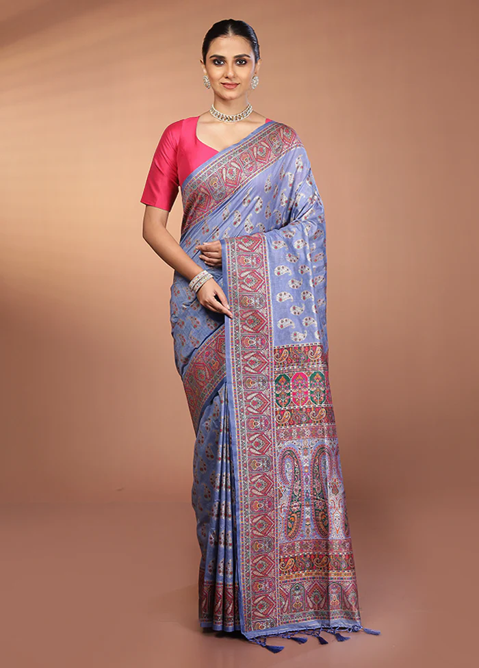 Blue Dupion Silk Saree With Blouse Piece - Image 2