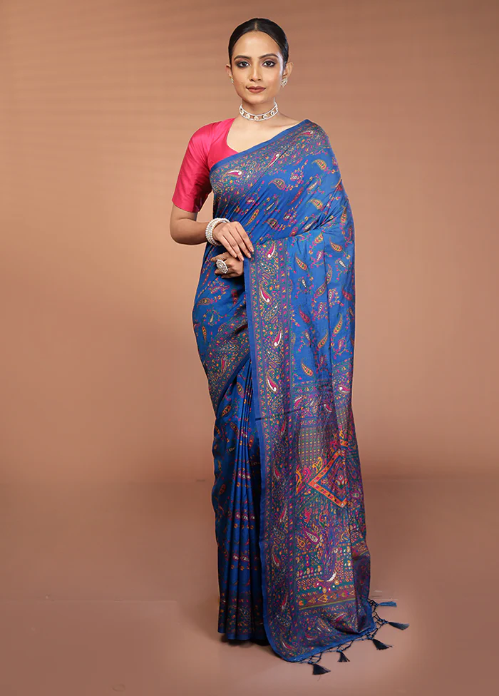 Blue Dupion Silk Saree With Blouse Piece - Image 2