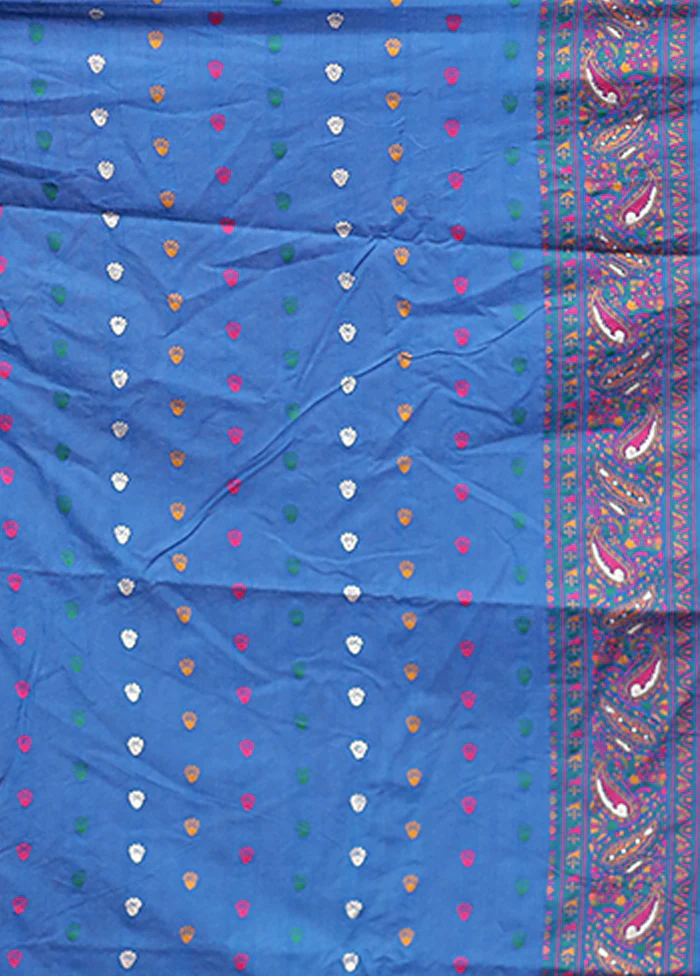 Blue Dupion Silk Saree With Blouse Piece - Image 5