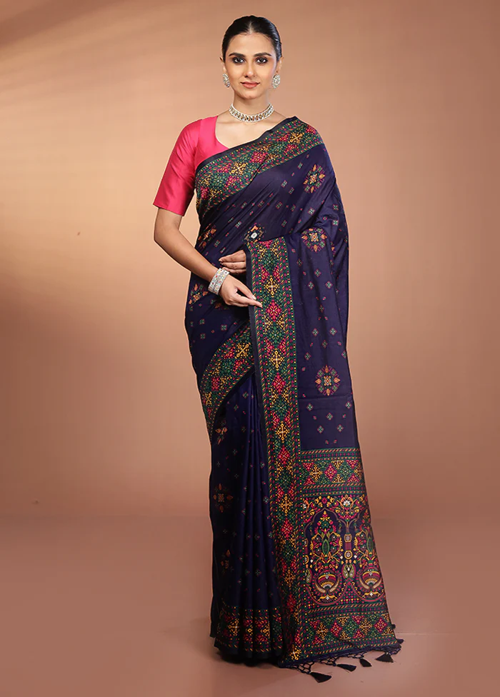 Blue Dupion Silk Saree With Blouse Piece - Image 2