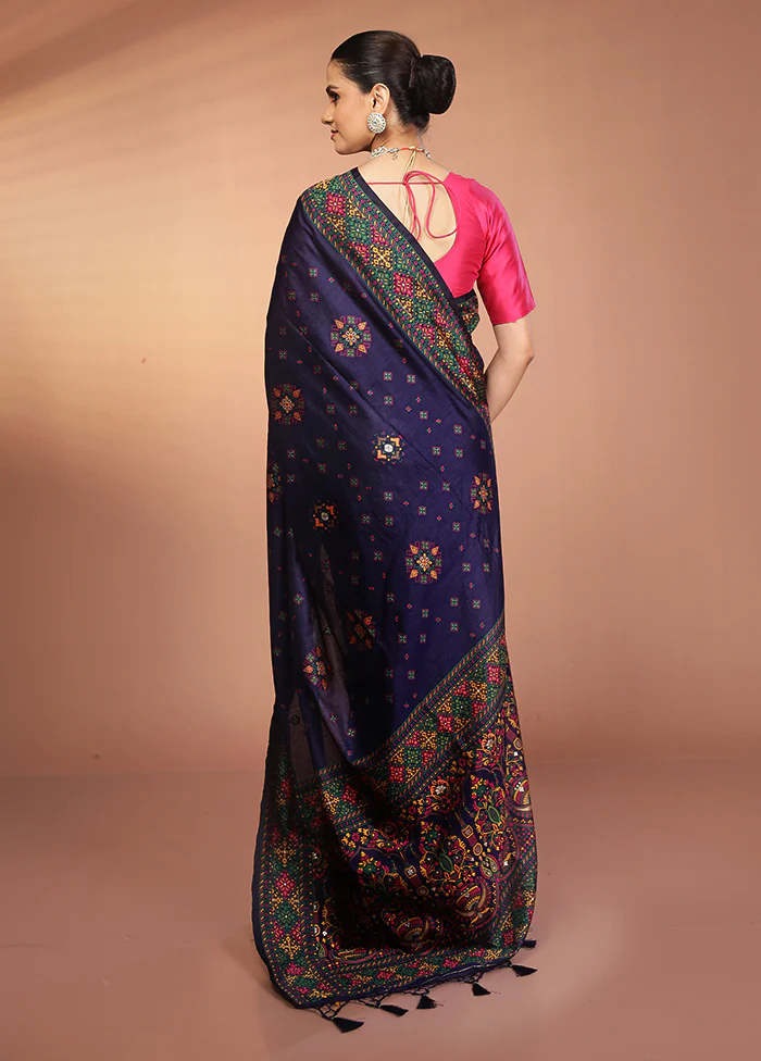 Blue Dupion Silk Saree With Blouse Piece - Image 3