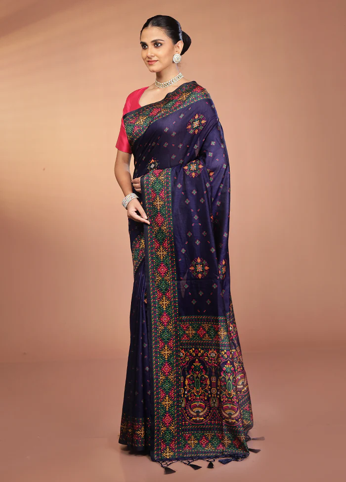 Blue Dupion Silk Saree With Blouse Piece - Image 4