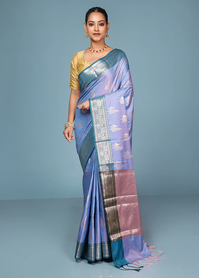Blue Dupion Silk Saree With Blouse Piece - Image 2