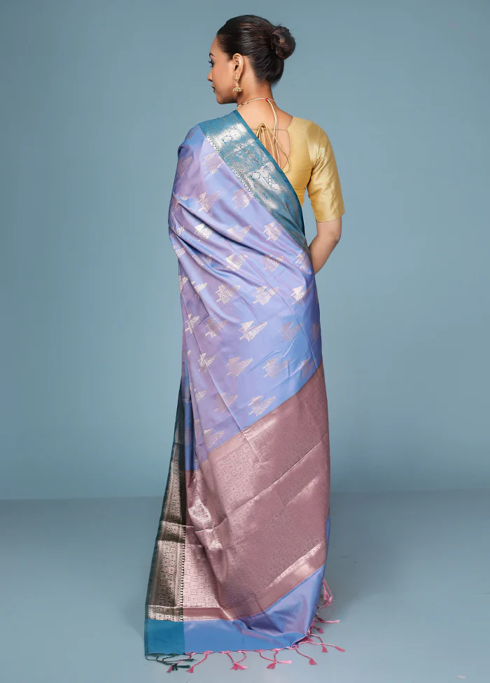 Blue Dupion Silk Saree With Blouse Piece - Image 3