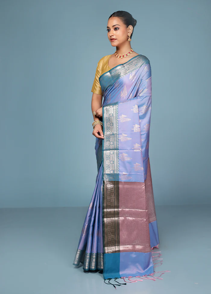 Blue Dupion Silk Saree With Blouse Piece - Image 4