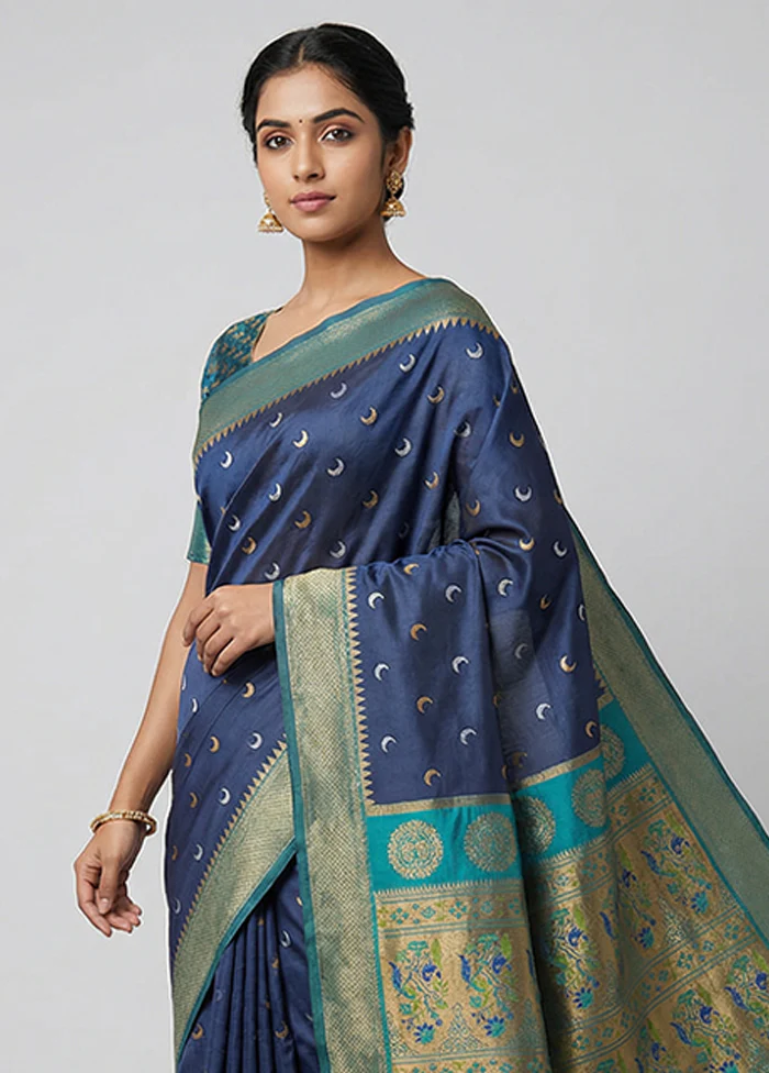 Blue Dupion Silk Saree With Blouse Piece - Image 2