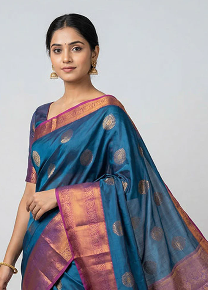 Blue Dupion Silk Saree With Blouse Piece - Image 2