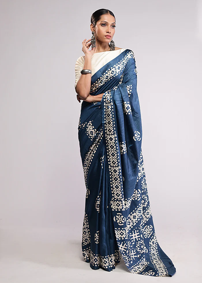Blue Dupion Silk Saree With Blouse Piece - Image 2