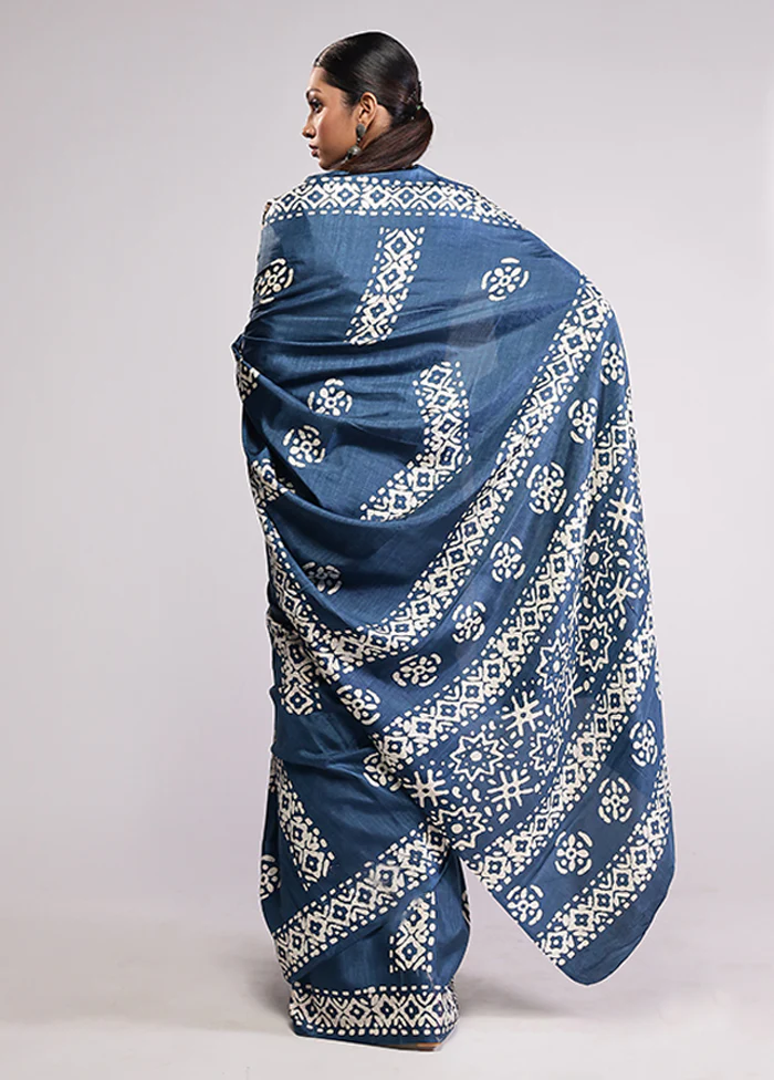 Blue Dupion Silk Saree With Blouse Piece - Image 3