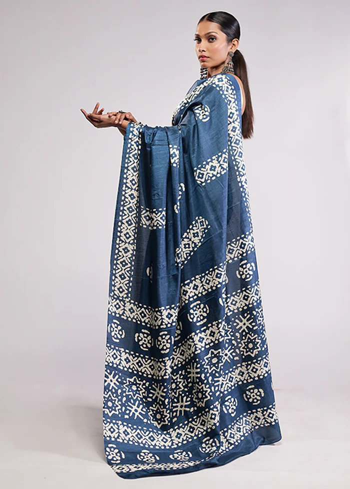 Blue Dupion Silk Saree With Blouse Piece - Image 4