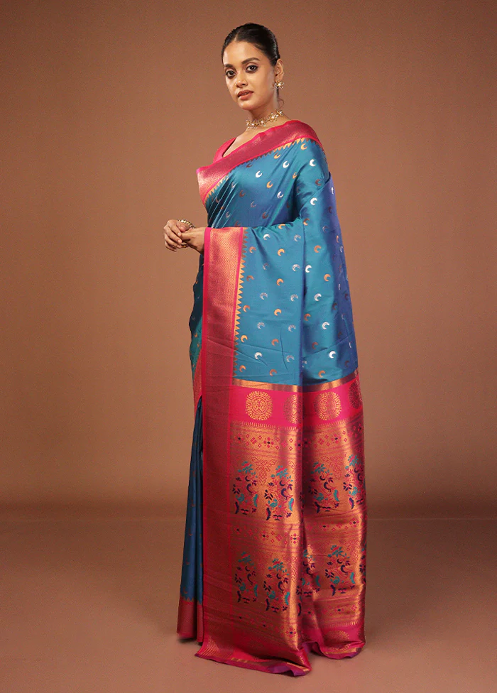 Blue Dupion Silk Saree With Blouse Piece - Image 4