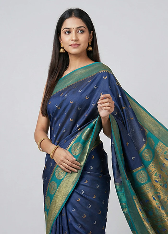 Blue Dupion Silk Saree With Blouse Piece - Image 2