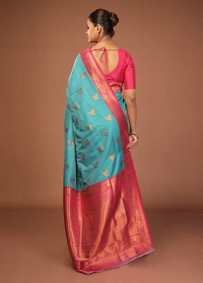 Blue Dupion Silk Saree With Blouse Piece - Image 3