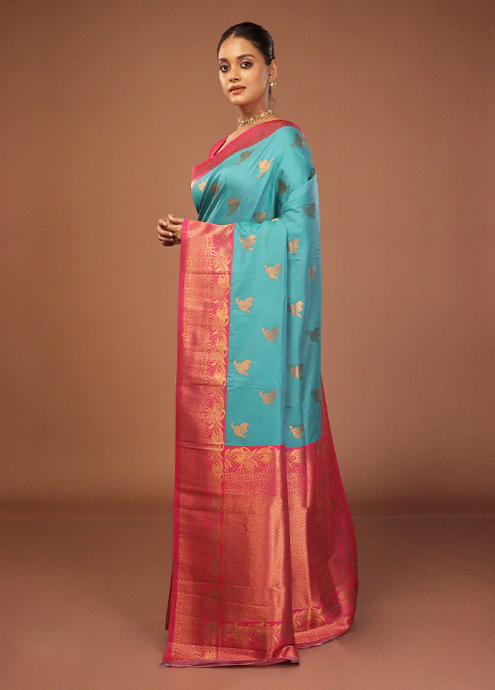 Blue Dupion Silk Saree With Blouse Piece - Image 4