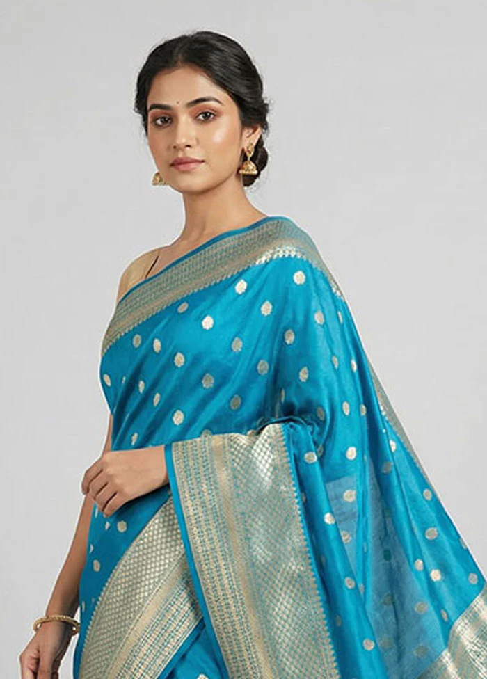 Blue Dupion Silk Saree With Blouse Piece - Image 2