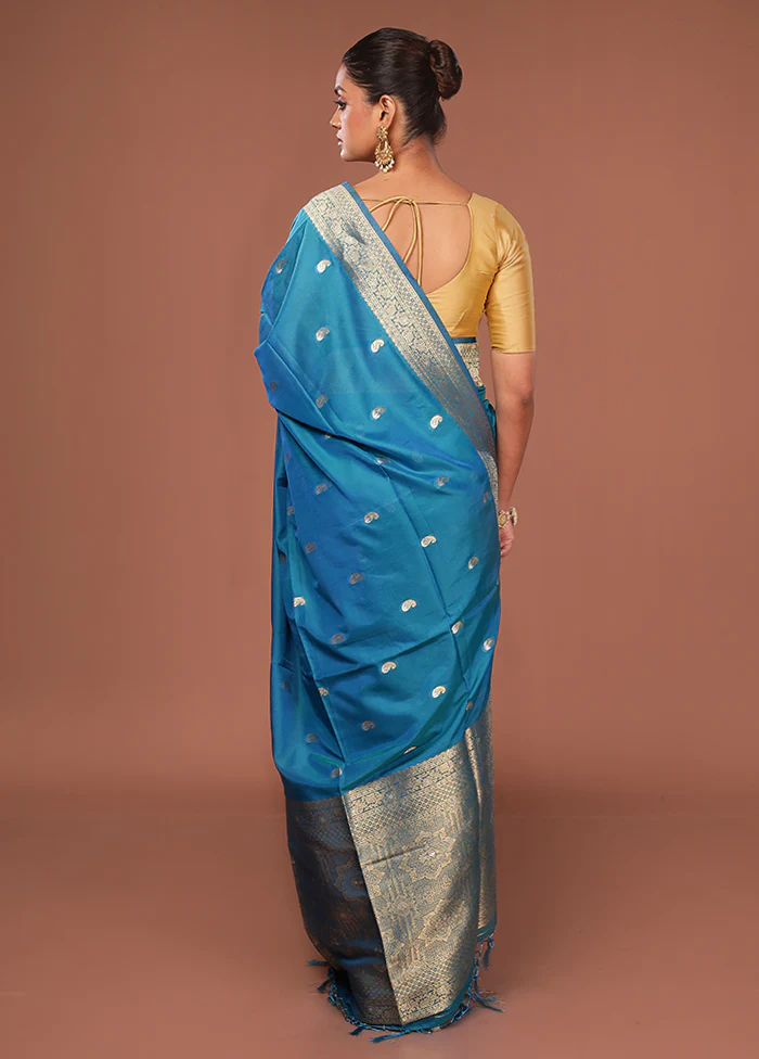 Blue Dupion Silk Saree With Blouse Piece - Image 3