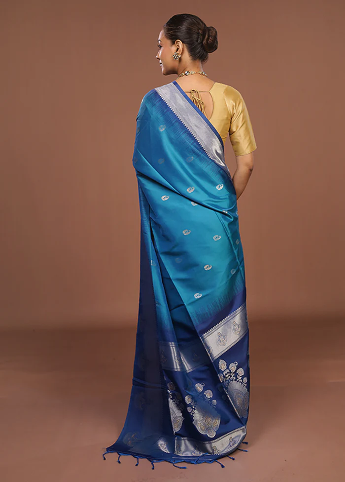 Blue Dupion Silk Saree With Blouse Piece - Image 3