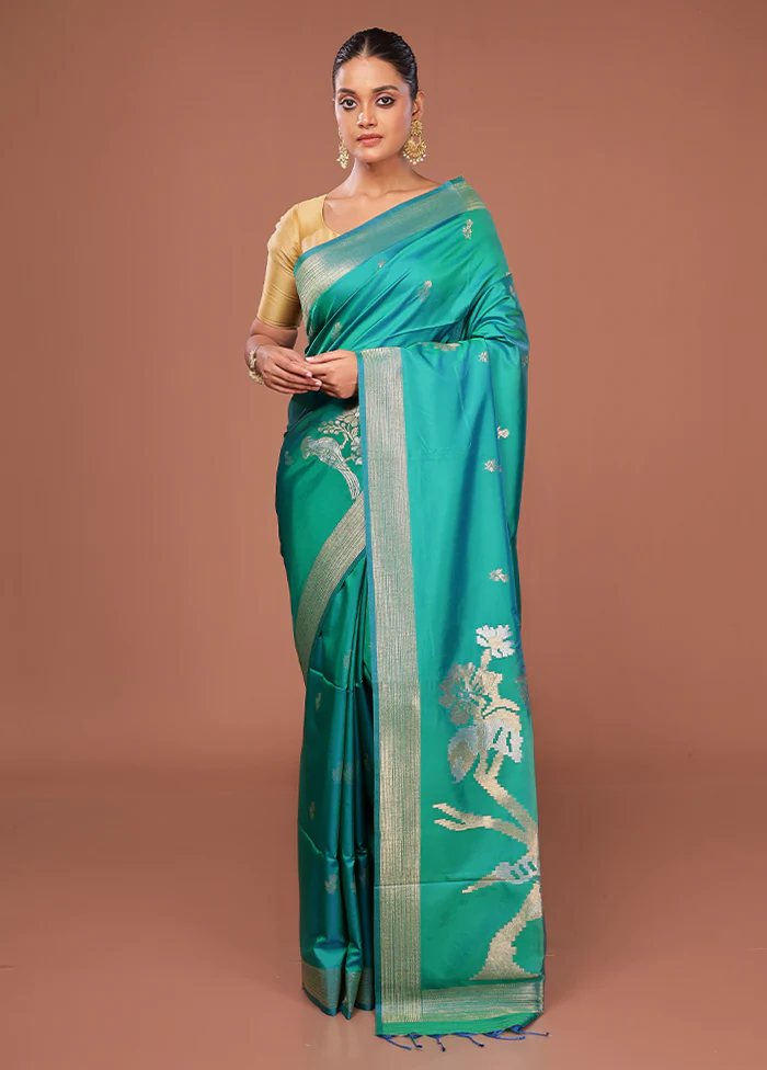 Blue Dupion Silk Saree With Blouse Piece - Image 2