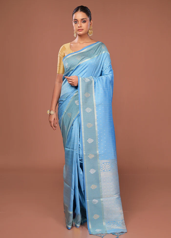 Blue Dupion Silk Saree With Blouse Piece - Image 2