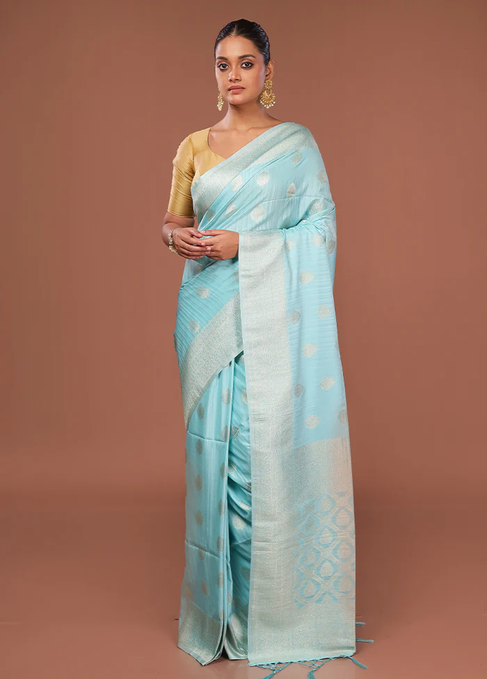 Blue Dupion Silk Saree With Blouse Piece - Image 2