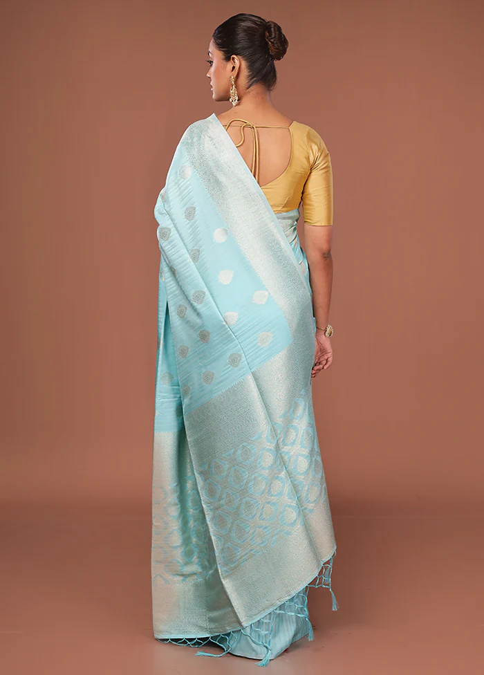 Blue Dupion Silk Saree With Blouse Piece - Image 3