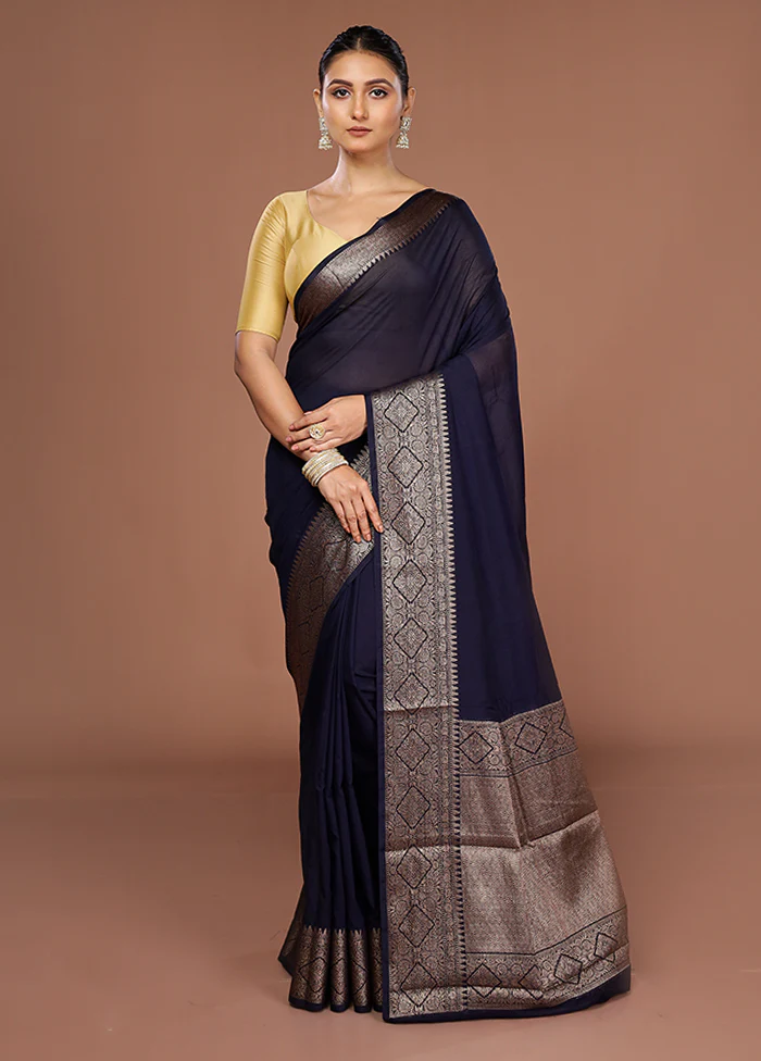 Blue Dupion Silk Saree With Blouse Piece - Image 2