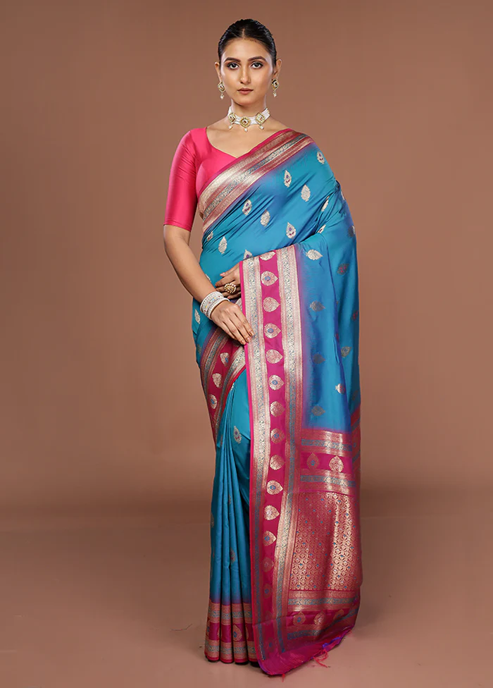 Blue Dupion Silk Saree With Blouse Piece - Image 2