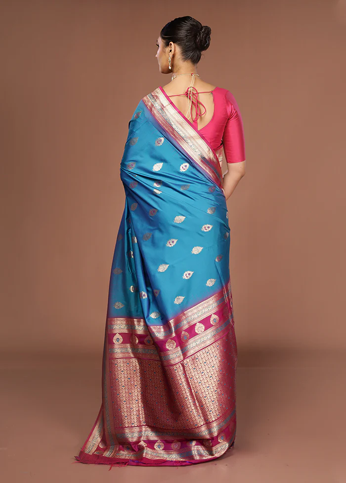 Blue Dupion Silk Saree With Blouse Piece - Image 3