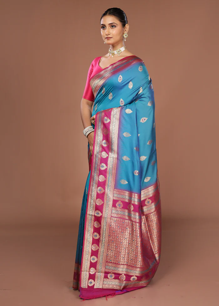 Blue Dupion Silk Saree With Blouse Piece - Image 4